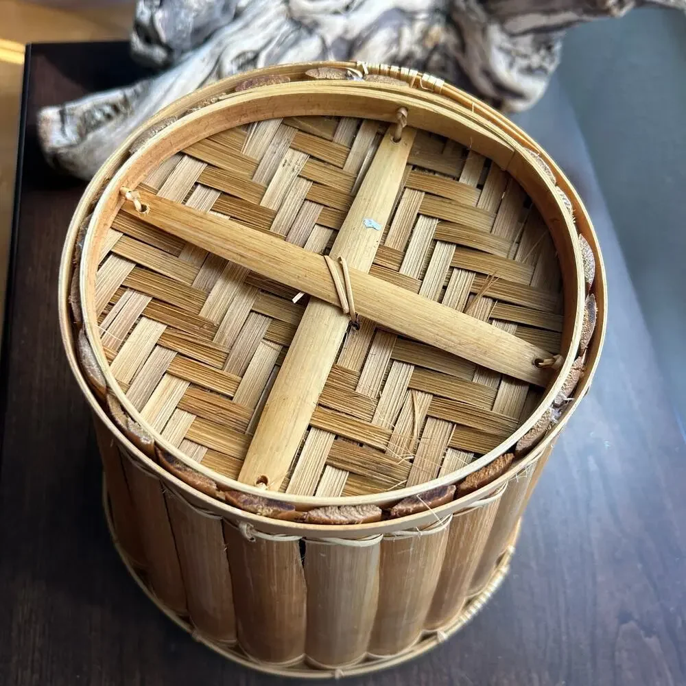Vintage split reed Rattan and Bamboo planter waste basket trashcan